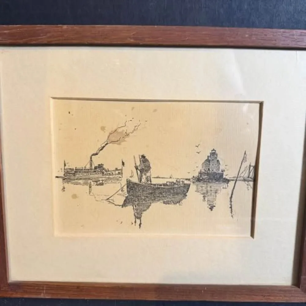 Pair of Vintage Nautical Ink Etchings in Wood Frames [Art 444]
